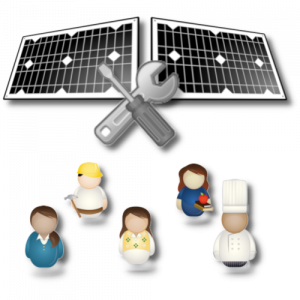 fünf stilisierte Personen vor zwei stilisierten Solarmodulen und gekreuzten Werkzeugen